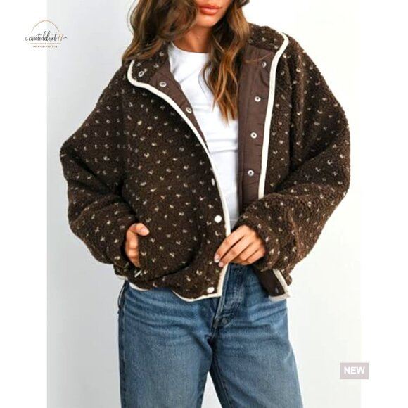 Women's Fleece Jacket Button Down Lapel Collar Sherpa Quilted Outerwear - Picture 2 of 7